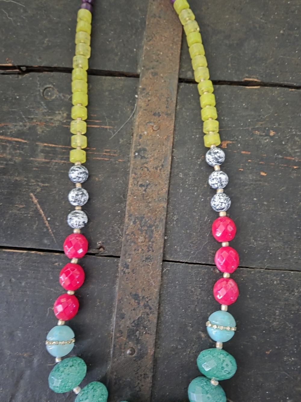 Vintage Chunky Multicolor Beaded Necklace with Lime, Pink and Turquoise Accents